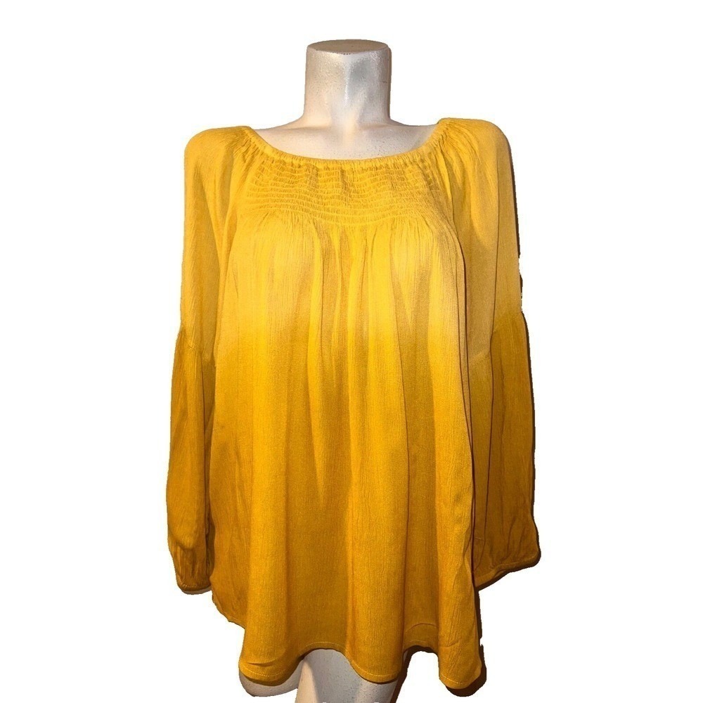 New Studio West Yellow Ombre Peasant Blouse Smocked Neck Balloon Sleeve Large L